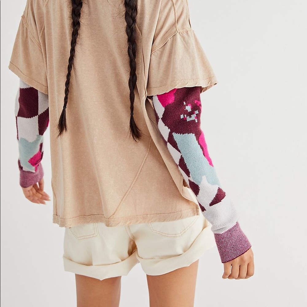 Free People Beige Tee with Pink and Light Blue Sleeve Details - Picture 2 of 5